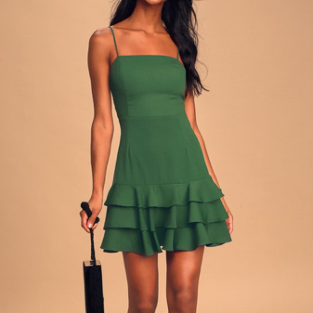 NWT Lulu's Forest Green Mini Ruffle Dress
